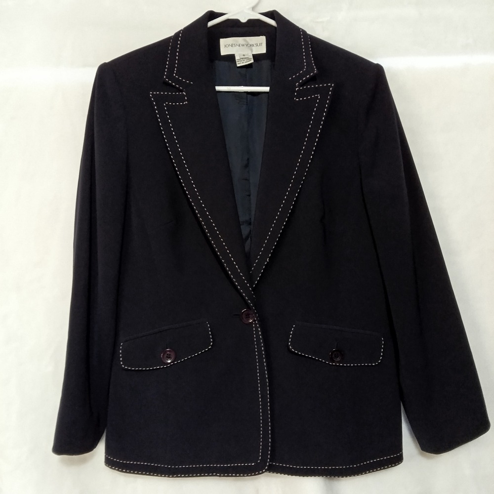 Jones New York Suit Navy Blue Contrast Stitch Blazer Jacket Size 6